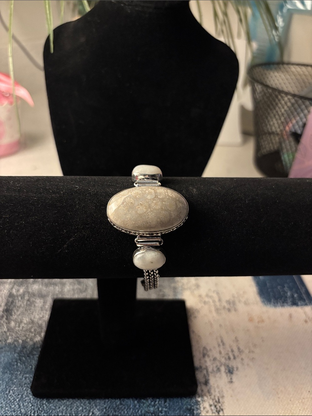 Sterling Silver Fossil Coral Rainbow Moonstone Gemstone Bracelet.